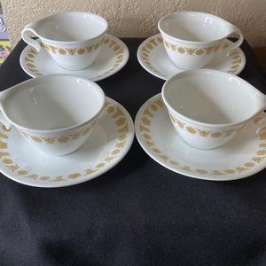 Vintage Corelle Butterfly Gold ~ Set of 4 Hook Handle Coffee Cups & Sauc…